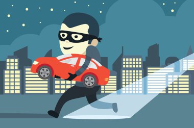 Man in mask trying to steal a car in city clipart