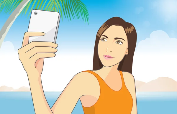 Girl taking a selfie photo on the beach — Stock Vector