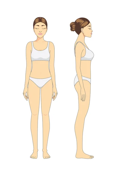 Modelo de mujer de cuerpo completo de pie delante y lado . — Vector de stock