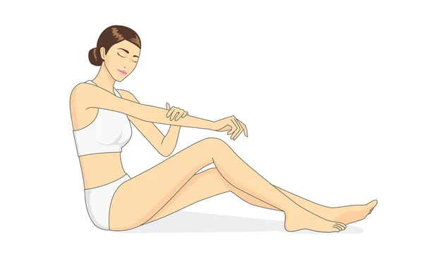 Full body woman applying moisturizer on arm. — Stock Vector