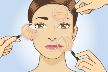 Woman magnifying wrinkle on face clipart