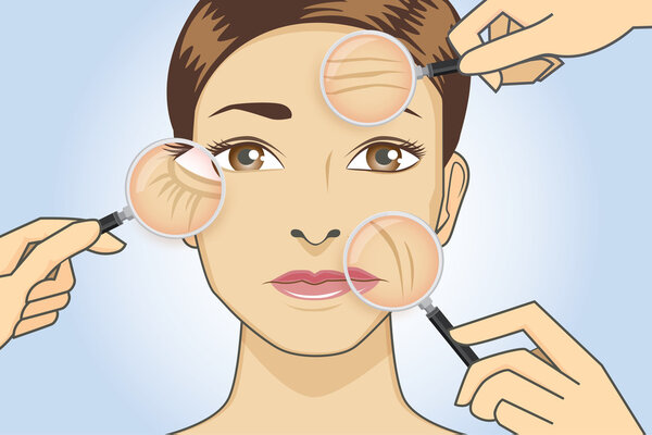 Woman magnifying wrinkle on face