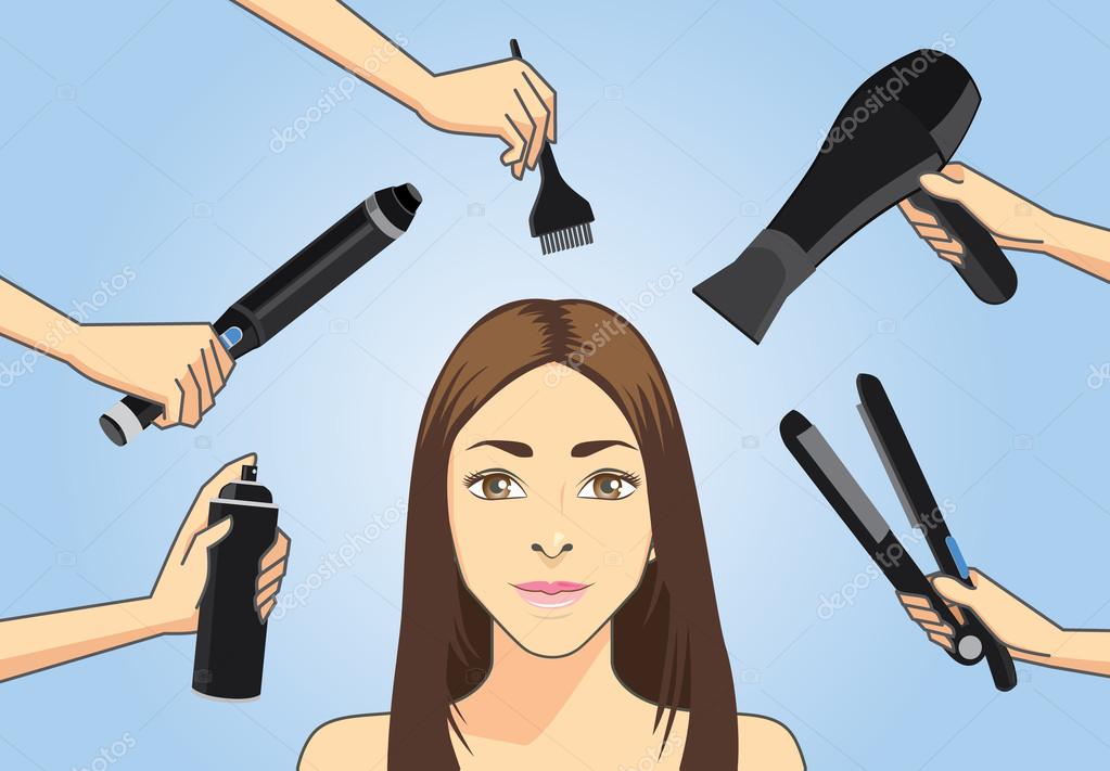 Make hair style with many hair styling tools Stock Vector by