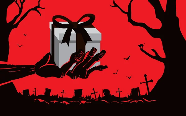 Zombie mão segurando caixa de presente na sepultura — Vetor de Stock
