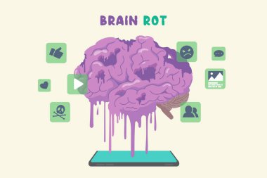 Beyin çürümesi akıllı telefon ekranına dönüşürken sosyal medya ve içerikle ilgili simgeler ve işaretler bunun etrafında kaldı. Düşük kalite içeriğe bağlı bağımlılık nedeniyle odak kaybı.