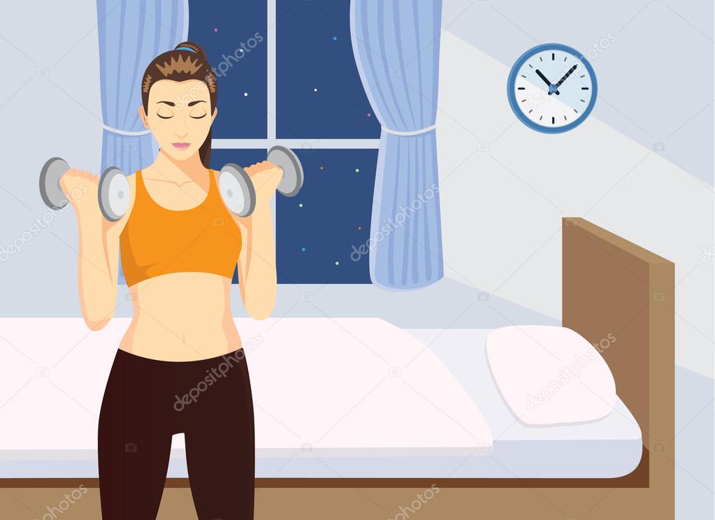 Dumbbells exercises in bedroom