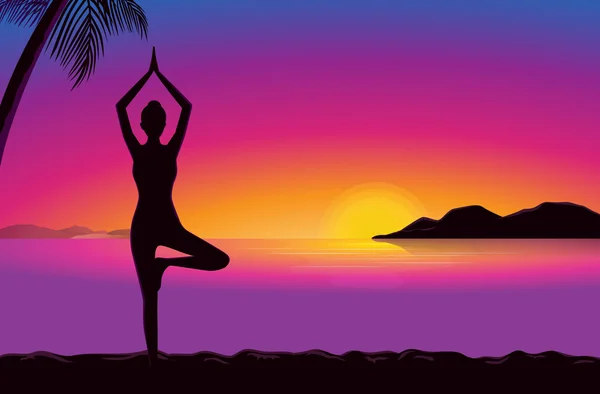 Yoga in riva al mare al tramonto . — Vettoriale Stock