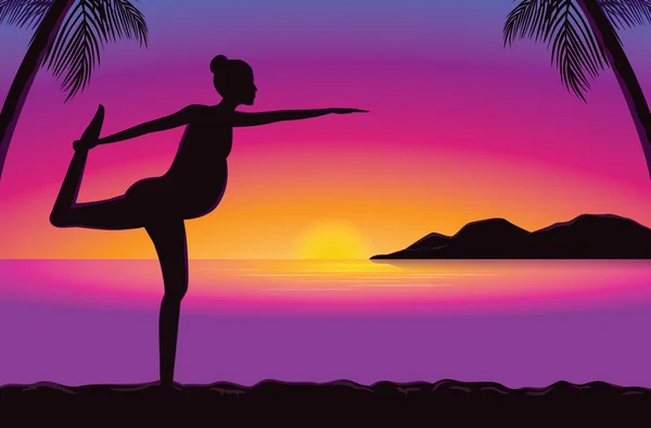 Silhouette von Schwangerschafts-Yoga am Meer bei Sonnenuntergang. — Stockvektor