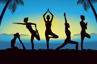 Kadınlar grup poz farklı yoga duruş silüeti