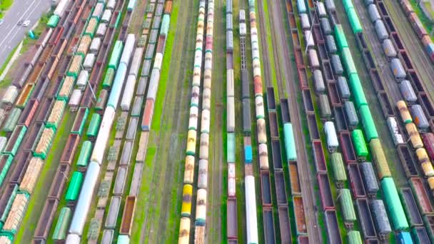 Carrozza Merci Vista Aerea Dal Drone Volante Treni Merci Colorati — Video Stock