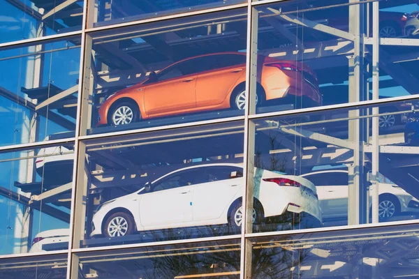 Multilevel Glass Parking Cars Urban Environments — ストック写真