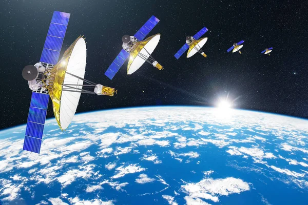 Group Satellites Dish Antennas Orbit Earth Communication Monitoring Systems Elements — Stock Photo, Image