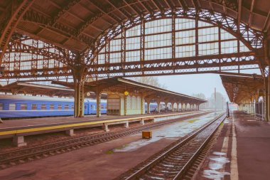 Büyük metal kemerli eski tren istasyonu manzarası ve saatli boş bir platform.