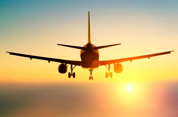 Passenger Airplane Landing Runway Evening Fog Bright Red Sunset — Stock Photo, Image