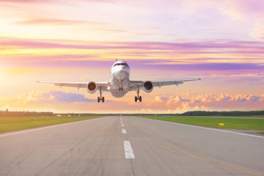 Aeroplane landing at the airport with morning good calm clipart