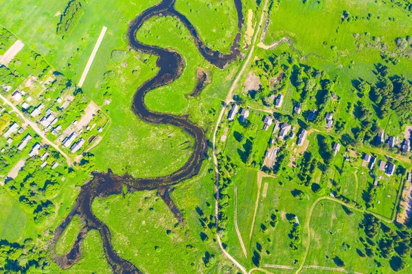 Flygfoto Över Landsbygden Uppifrån Floder Åkrar Skogar Vägar Områdessonderande Kartläggning — Stockfoto