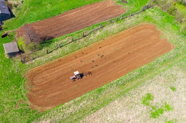 Spudding Soil Row Field Vegetable Plants Using Tractor Agricultural Machinery — Stock Photo, Image