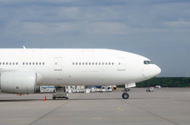 Havaalanı terminalinin arka planında uçak pencereleri olan burun ve gövde.