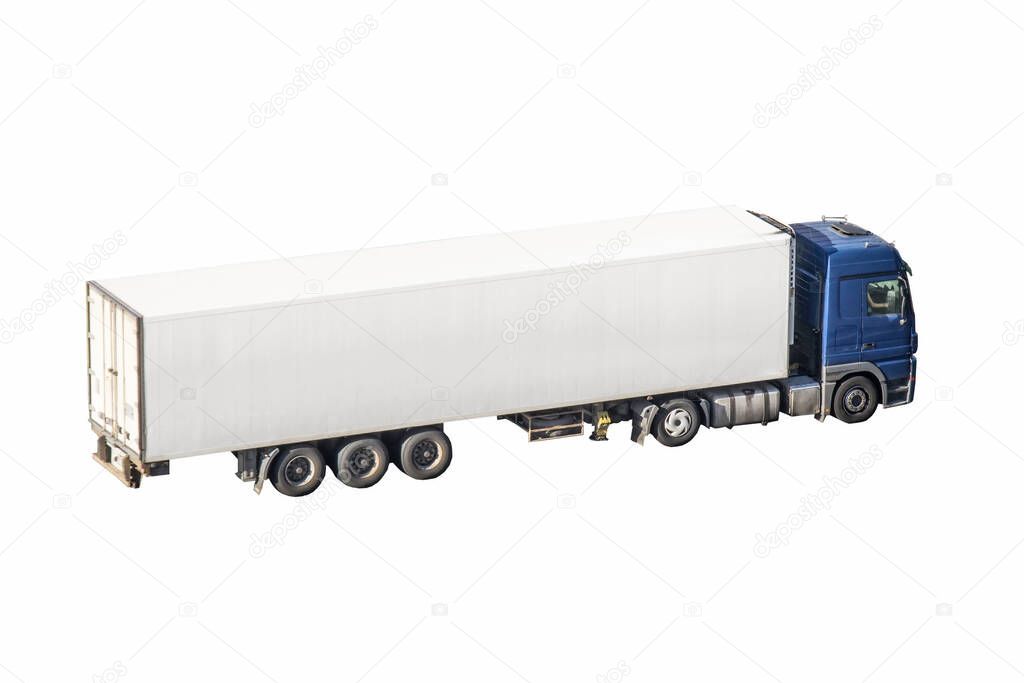 Truck with a white container, side view. Isolated on white background. Isolated on white background