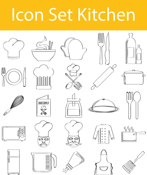 Dragna Doodle fodrad ikon Set kök — Stock vektor