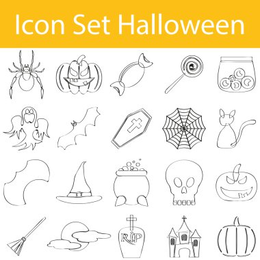 Çizilmiş Doodle kaplı simge kümesi Cadılar Bayramı ben