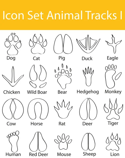 Conjunto de ícones alinhados com rabiscos desenhados Rastreamentos animais I — Vetor de Stock