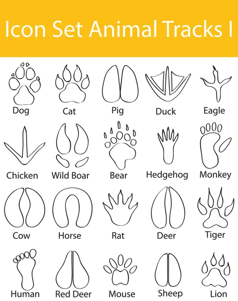 그려진된 낙서 줄지어 아이콘 세트 동물 난 추적 — 스톡 벡터