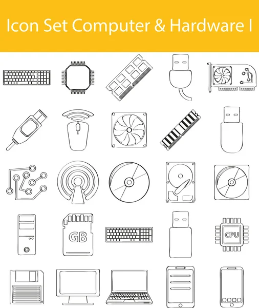 Gezeichnetes Doodle liniert Icon set computer _ hardware i — Stockvektor