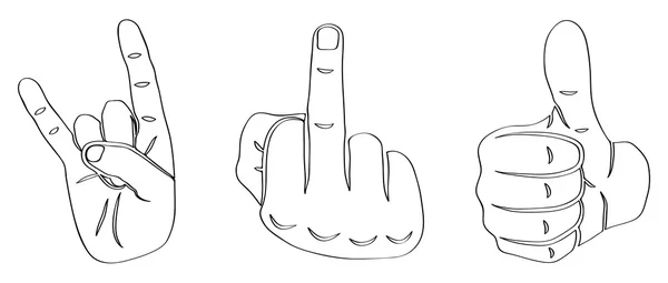 Drawn Doodle Lined Icon Set Devil Horns, Thumbs Up & Fuck You — Stock vektor