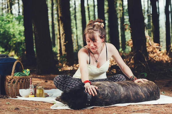 Piknik büyük köpek ile genç kız. — Stok fotoğraf