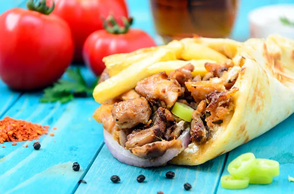 Plate of traditional Greek gyros with meat — Stock Photo, Image