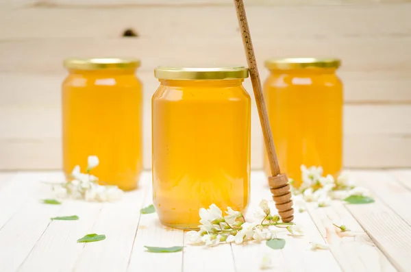 Três frascos de mel de gafanhoto com flores de gafanhoto — Fotografia de Stock