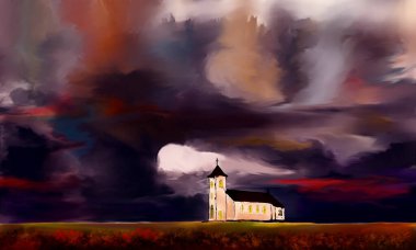 Gökyüzünün arka planında bir kilise, suluboya çizimler.