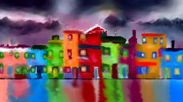 Kolorowe Domy Tle Rzeki Rysunek Akwarela — Zdjęcie stockowe