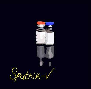 Coronavirus aşısı konsepti ve geçmişi. Yeni Sputnik-v aşısı siyah arka planda izole edildi. Covid-19, salgın 2019-nCov.