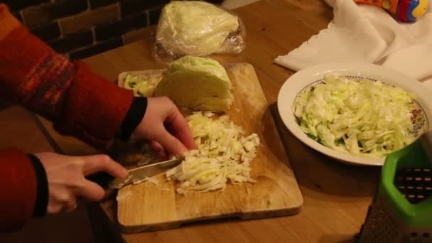 Cutting cabbage with a knife — Stock Video