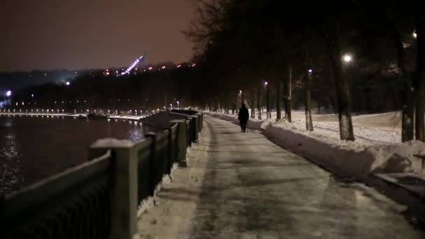Un hombre solitario camina por la noche a lo largo del paseo marítimo — Vídeos de Stock