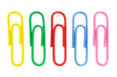 Collection of colorful paper clips isolated on white background, top view. Colored paper clips on a white background. Five colored paper clips isolated on a white background. clipart