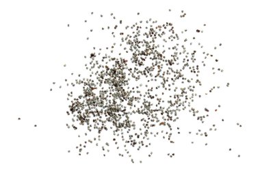 Beyaz arka planda izole edilmiş mavi haşhaş tohumları, üst manzara. Beyaz arka planda izole edilmiş haşhaş tohumları yığını. Yığınla haşhaş tohumu, üst manzara. Beyaz arkaplanda izole edilmiş haşhaş tohumları.