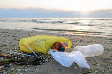 Plastik çöpler sahilde yatar ve denizi ve deniz yaşamını kirletir..