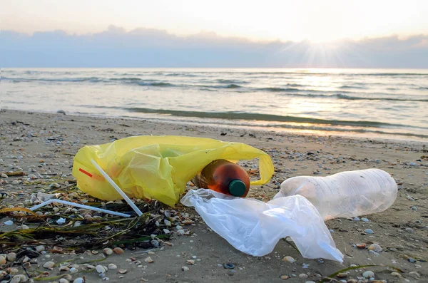 Plastic trash lies on the beach and pollutes the sea and the life of marine life.