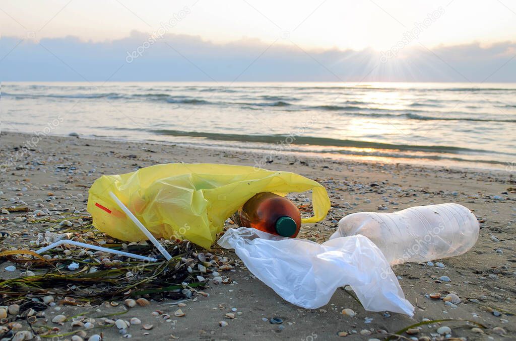 Plastic trash lies on the beach and pollutes the sea and the life of marine life.