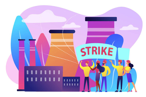 Tiny people crowd of workers hold plackards and fight for rights at factory. Strike action, labor movement strike, employees work stoppage concept. Bright vibrant violet vector isolated illustration