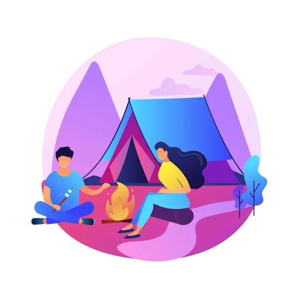 Summer camping relax. Summertime recreation, hiking tour, mountain tourism. Backpackers resting near tent, eating snacks near campfire. Open air vacation. Vector isolated concept metaphor illustration