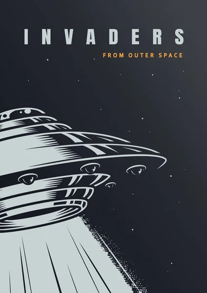 VIntage alien invasion poster with ufo on starry background vector illustration
