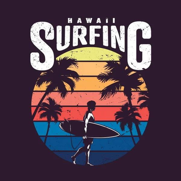 Vintage colorful hawaii surfing label with surfer holding surfboard and palm trees isolated vector illustration