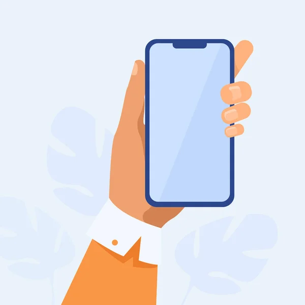 Menschliche Hand hält Mobiltelefon. Person, die Apps auf Smartphone-Flachvektorgrafik verwendet. Technologiekonzept für Banner, Website-Design oder Landing Web Page — Stockillustration Menschliche Hand Hält Mobiltelefon Person Die Apps Auf Smartphone Flachvektorgrafik — Stockvektor