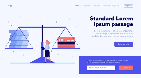 Scale with cash and credit card. Person, woman, comparison, weight flat vector illustration. Personal finance, banking, pros and cons concept for banner, website design or landing web page — Stock Illustration Scale Cash Credit Card Person Woman Comparison Weight Flat Vector Vector Graphics