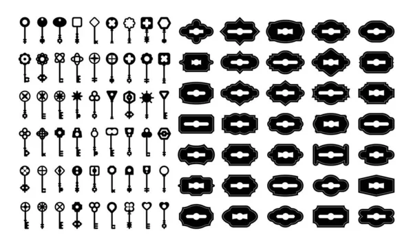 Vintage keys and keyholes sets. Elegant keys and key ways for antique gates or old house doors, silhouettes for secret or lock concept, simple logo design — Stock Illustration Vintage Keys Keyholes Sets Elegant Keys Key Ways Antique Gates Royalty Free Stock Vectors