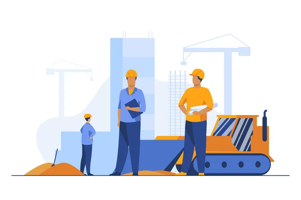 Builders in helmets working at construction site. Machine, building, worker flat vector illustration. Engineering and development concept for banner, website design or landing web page